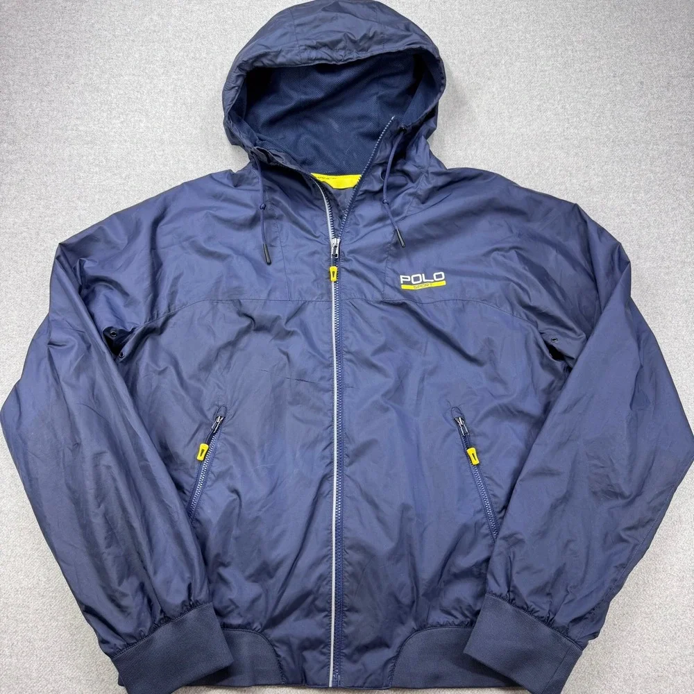 Vintage Polo Sport Windbreaker Jacket‎ Mens M Navy Blue Hooded Streetwear 90s